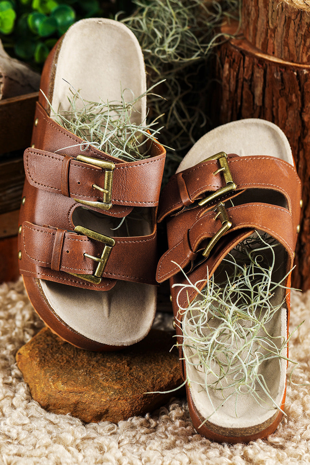 Chestnut Dual Buckle Studded Platform Sandal Slippers - Little Miss Vanilla