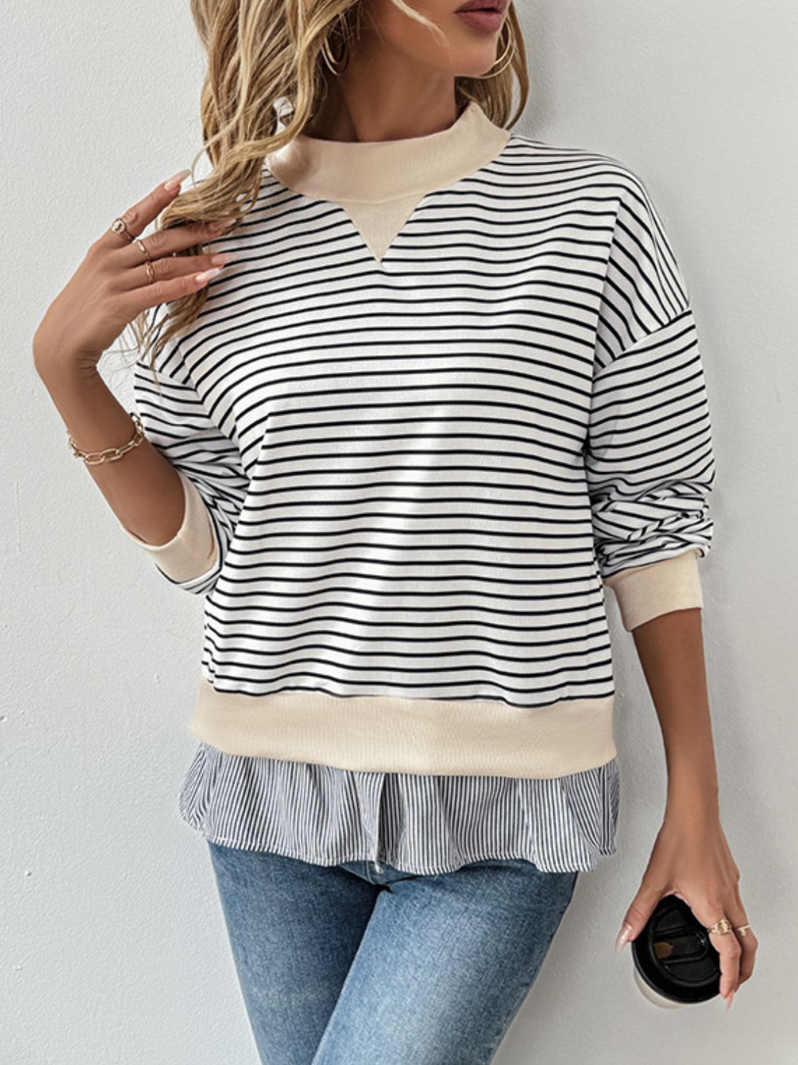 Perfee Faux Layered Striped Long Sleeve Sweatshirt - Little Miss Vanilla