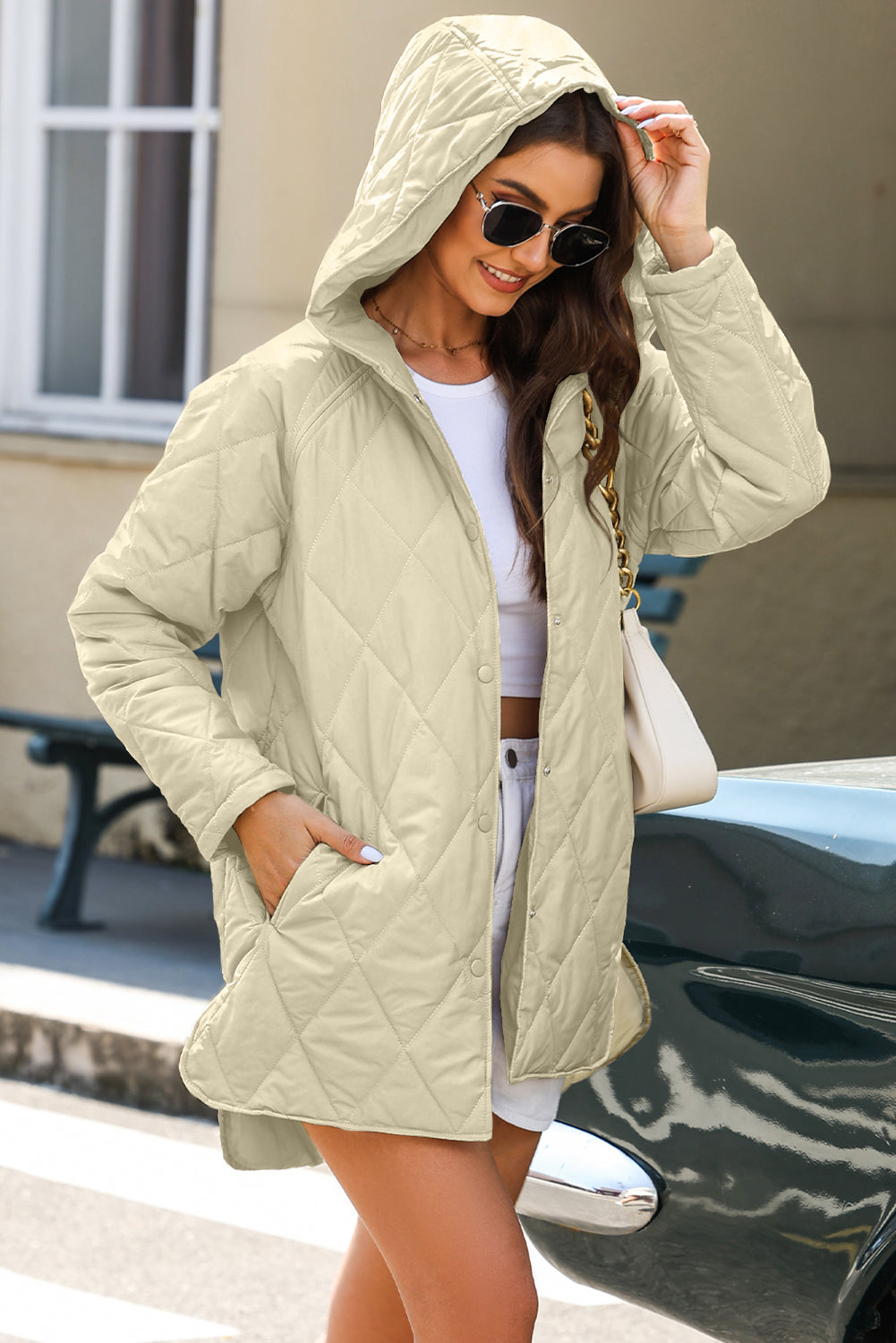 Beige Quilted Snap Button Hooded Coat - Little Miss Vanilla