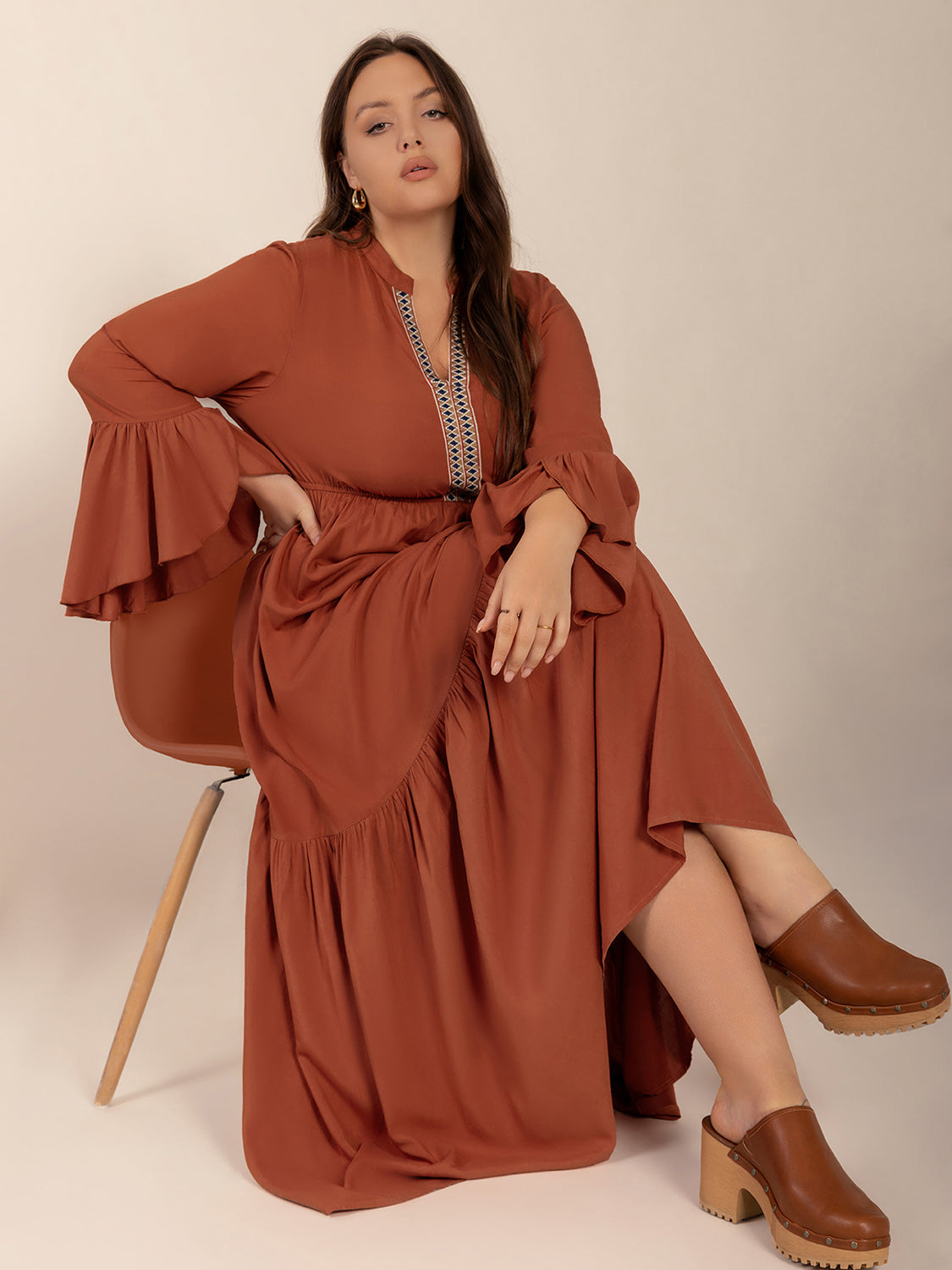 Plus Size Ruffled Notched Long Sleeve Midi Dress - Little Miss Vanilla