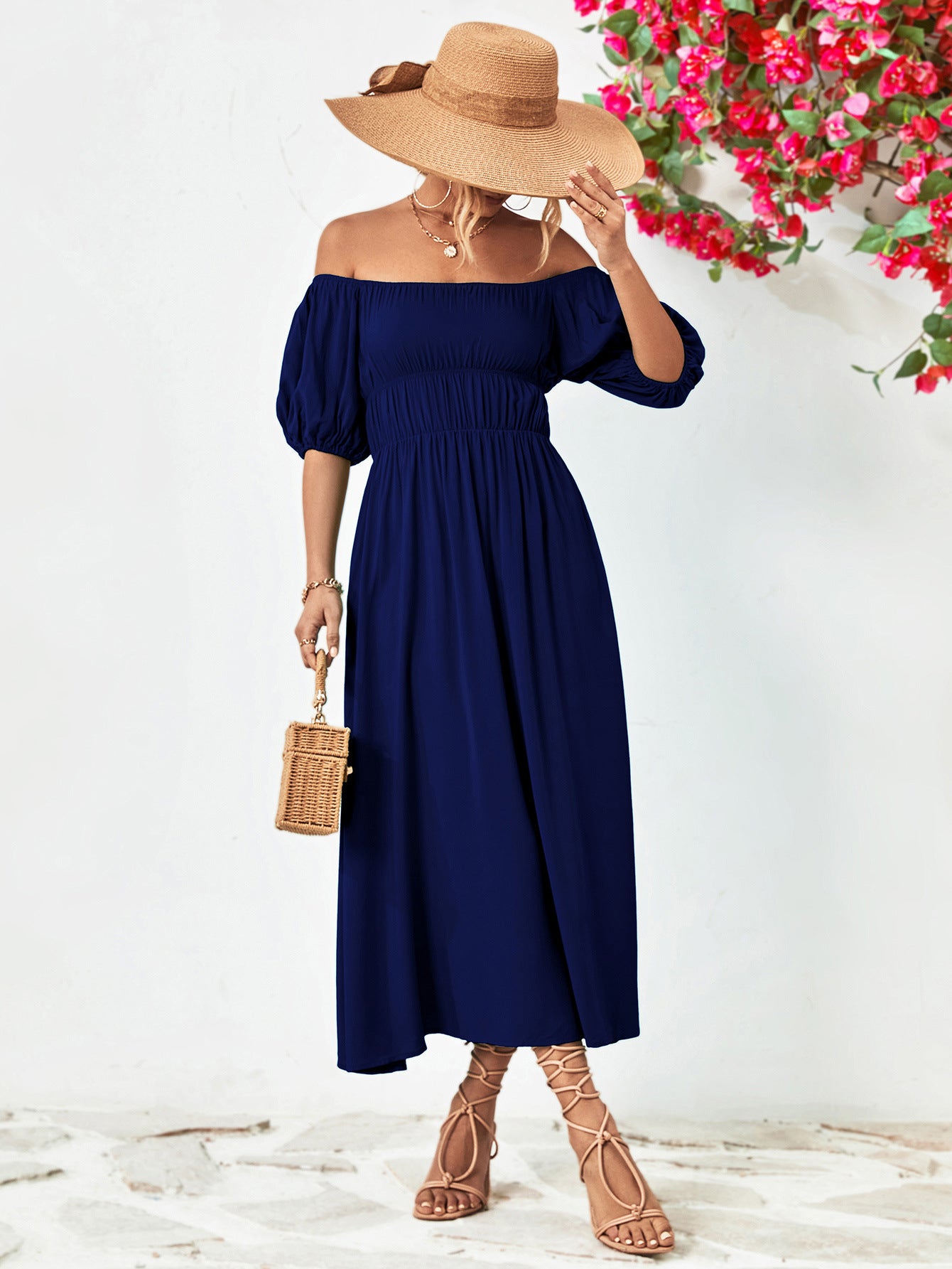 Off-Shoulder Balloon Sleeve Midi Dress - Little Miss Vanilla