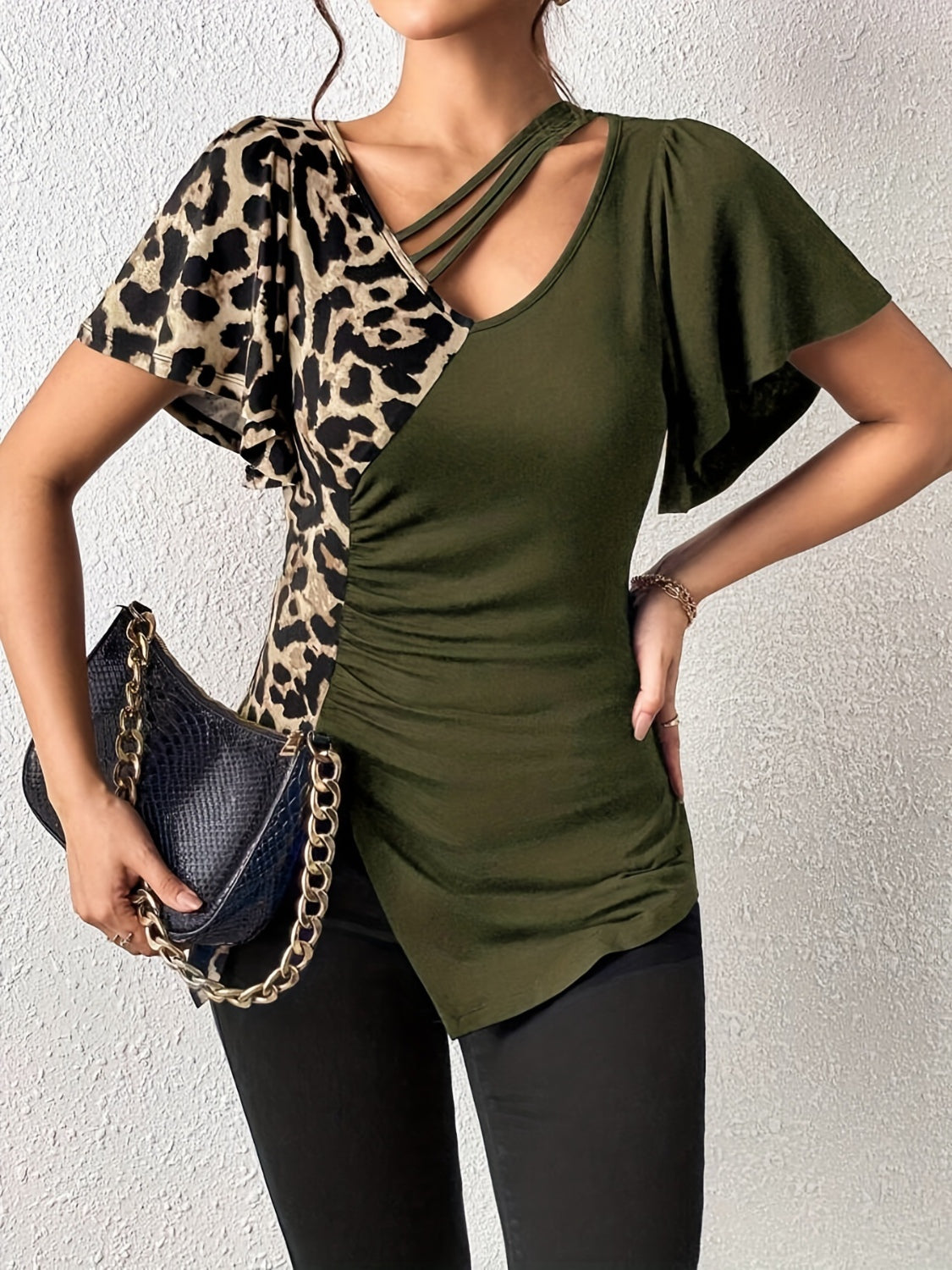 Ruched Leopard Flutter Sleeve T-Shirt - Little Miss Vanilla