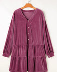 Plus Size Textured Velvet Decorative Button Long Sleeve Dress - Little Miss Vanilla