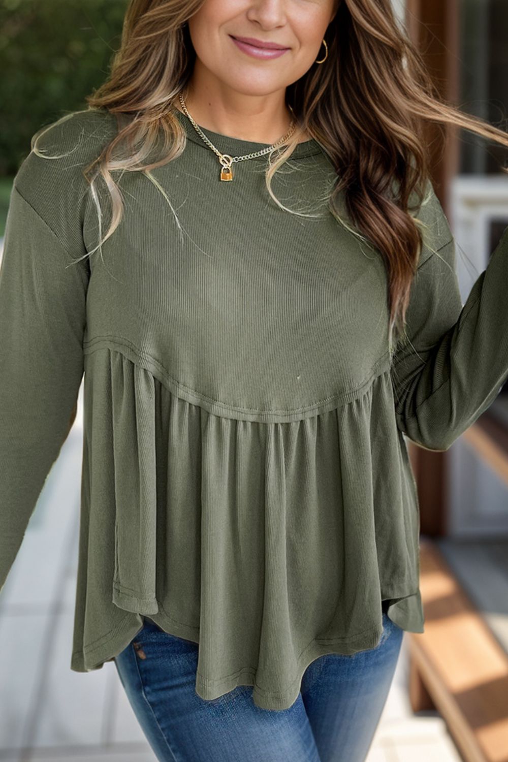 Plus Size Peplum Round Neck Long Sleeve Blouse - Little Miss Vanilla