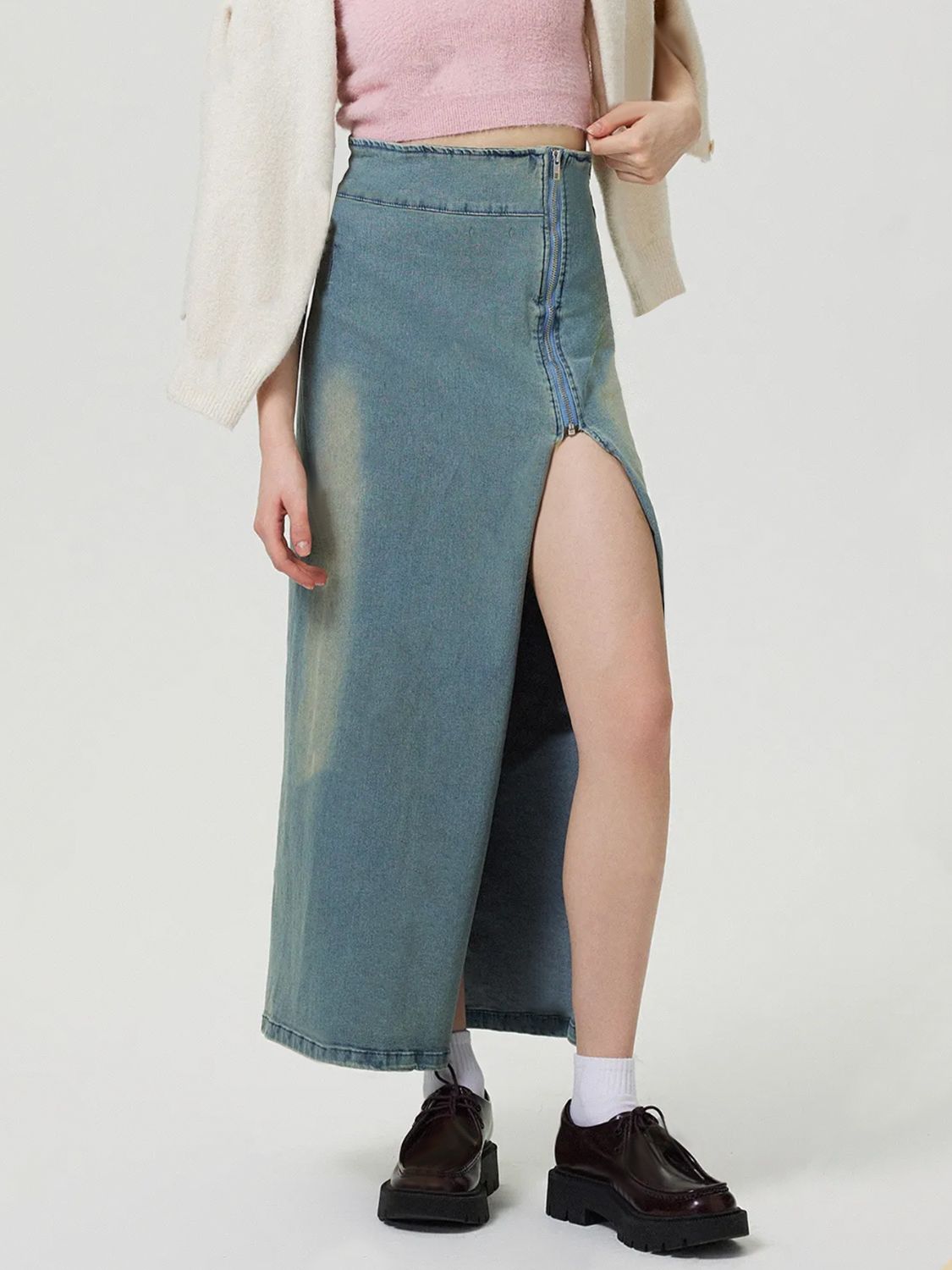 Slit Denim Skirt with Zip - Little Miss Vanilla