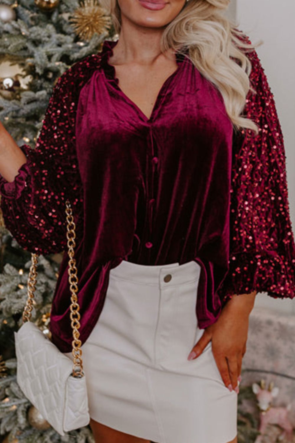 Sequin Notched Long Sleeve Blouse - Little Miss Vanilla