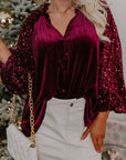 Sequin Notched Long Sleeve Blouse - Little Miss Vanilla