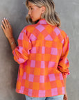 Orange Plaid Chest Pockets Button-up Turn Down Collar Jacket