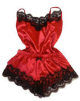 Red ice silk women's pajamas with lace trim, featuring a sleeveless top and shorts, from Little Miss Vanilla Clothing UK.