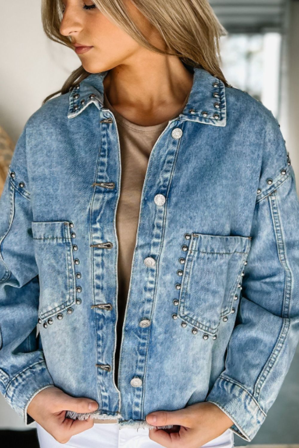 Studded Acid Wash Long Sleeve Denim Jacket - Little Miss Vanilla