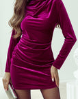 Pitaya Pink Velvet Mock Neck Ruched Long Sleeve Bodycon Dress - Little Miss Vanilla