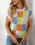 Mandy Checkered Round Neck Cap Sleeve Knit Top - Little Miss Vanilla