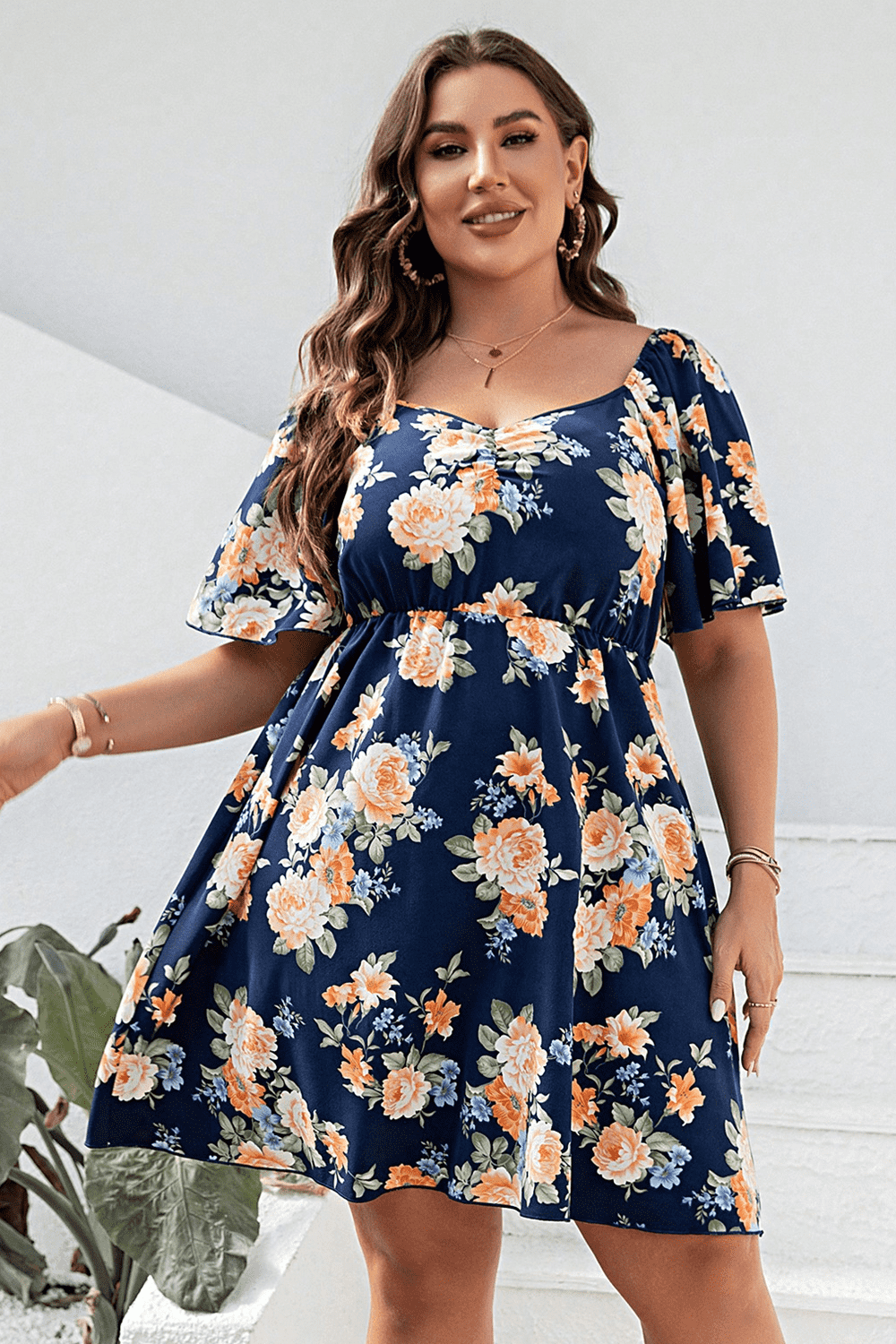 Plus Size Floral Print V-Neck Flutter Sleeve Mini Dress - Little Miss Vanilla