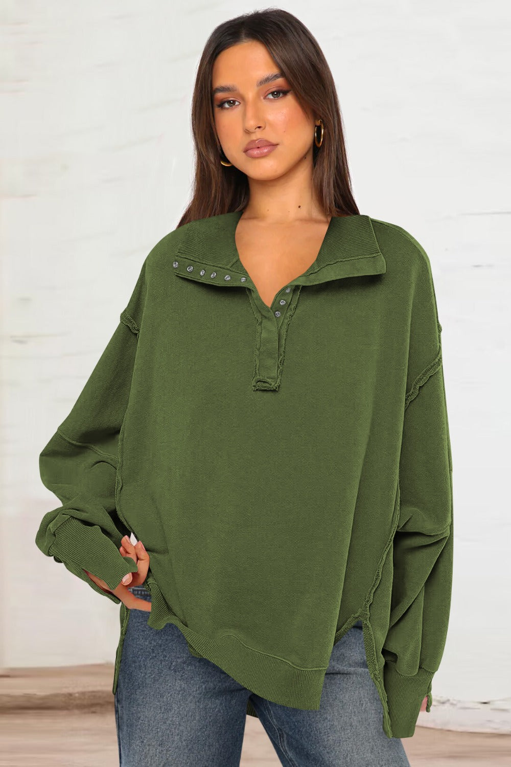 Exposed Seam Side Slit Long Sleeve Sweatshirt - Little Miss Vanilla