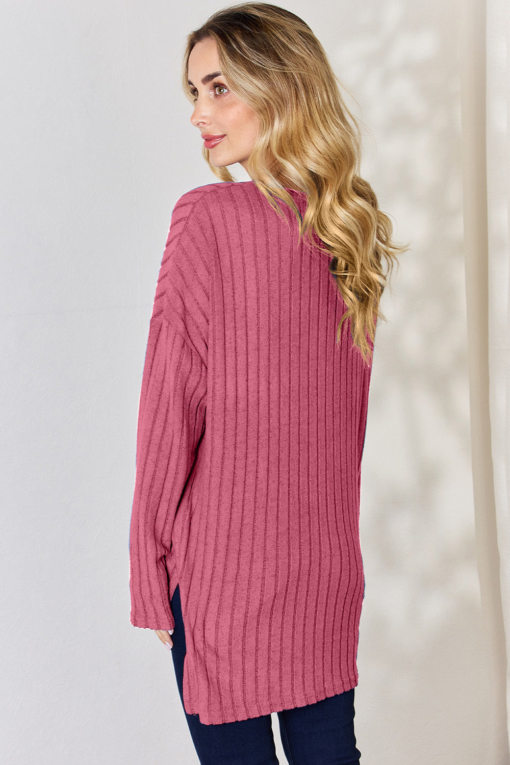 Basic Bae Full Size Ribbed Half Button Long Sleeve High-Low T-Shirt - Little Miss Vanilla