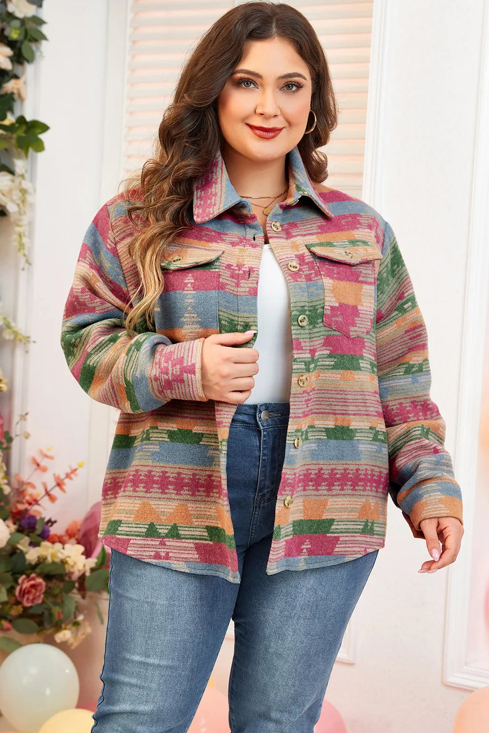 Plus Size Pocketed Printed Collared Neck Jacket - Little Miss Vanilla