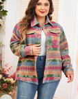 Plus Size Pocketed Printed Collared Neck Jacket - Little Miss Vanilla