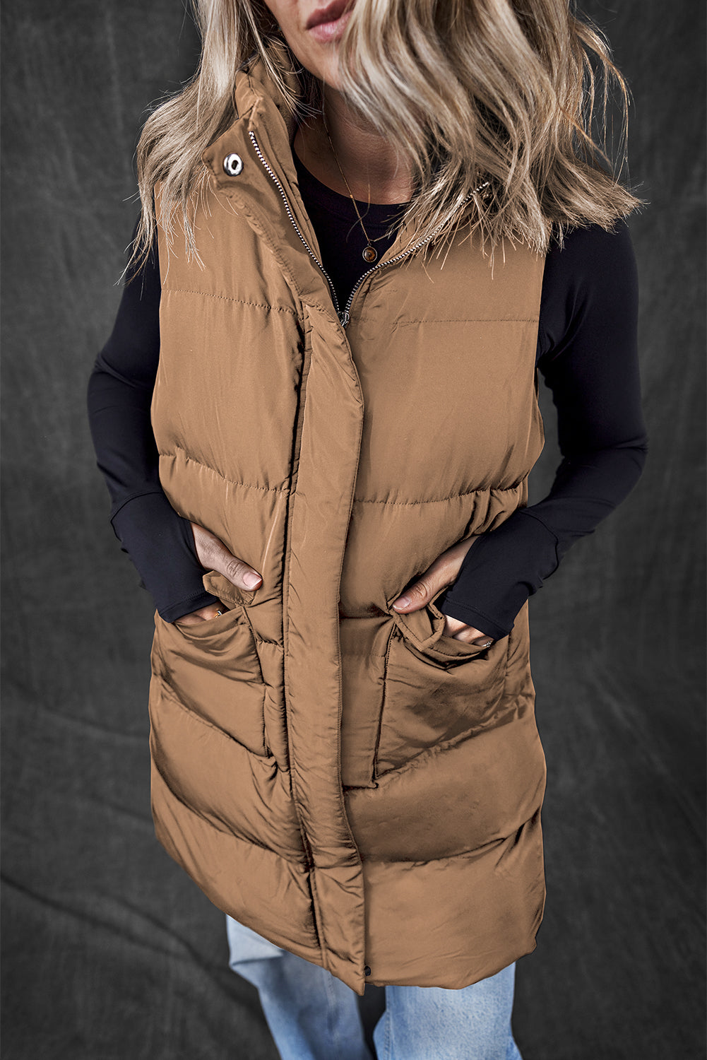 Coffee Windproof Longline Full Zipper Puffer Vest with Pockets - Little Miss Vanilla