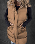 Coffee Windproof Longline Full Zipper Puffer Vest with Pockets - Little Miss Vanilla