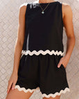 Black Ricrac Trim Tank Top Elastic Waist Shorts Set