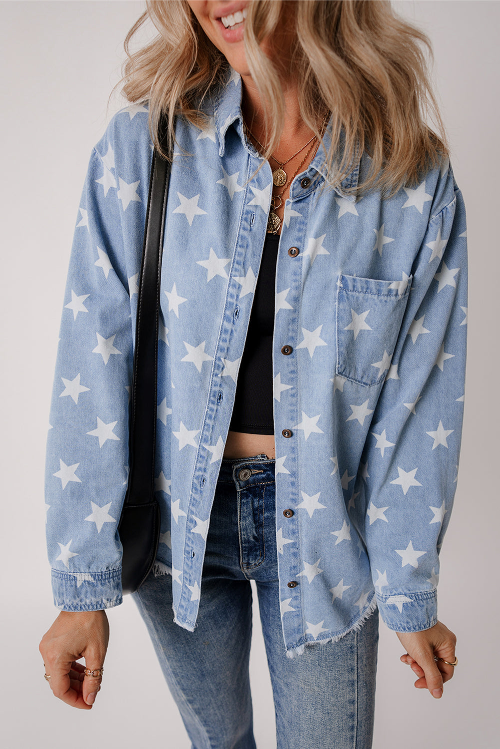 Sky Blue Star Print Light Wash Raw Hem Denim Jacket - Little Miss Vanilla