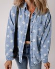 Sky Blue Star Print Light Wash Raw Hem Denim Jacket - Little Miss Vanilla