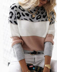 Colorblock Leopard Print Round Neck Casual Sweater Women's Clothing