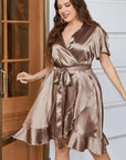 Plus Size Belted Ruffled Surplice Dress - Little Miss Vanilla