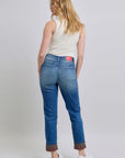 Judy Blue Full Size Plaid Print Cuff Straight Leg Jeans with Pockets - Little Miss Vanilla