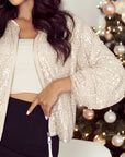 Apricot Sequin Zip up Round Neck Long Sleeve Jacket