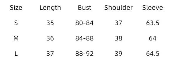 Size chart for women&#39;s fashion pajama set with measurements for S, M, and L in length, bust, shoulder, and sleeve.