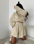 Fashion sexy two-piece pajamas in khaki color, featuring a wrap top and shorts, perfect for casual and comfortable wear.