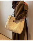 Retro Large Capacity Shoulder Bag Casual Simple Portable Shopper Tote Bag Corduroy Solid Commuter Zipper Women's Handbag