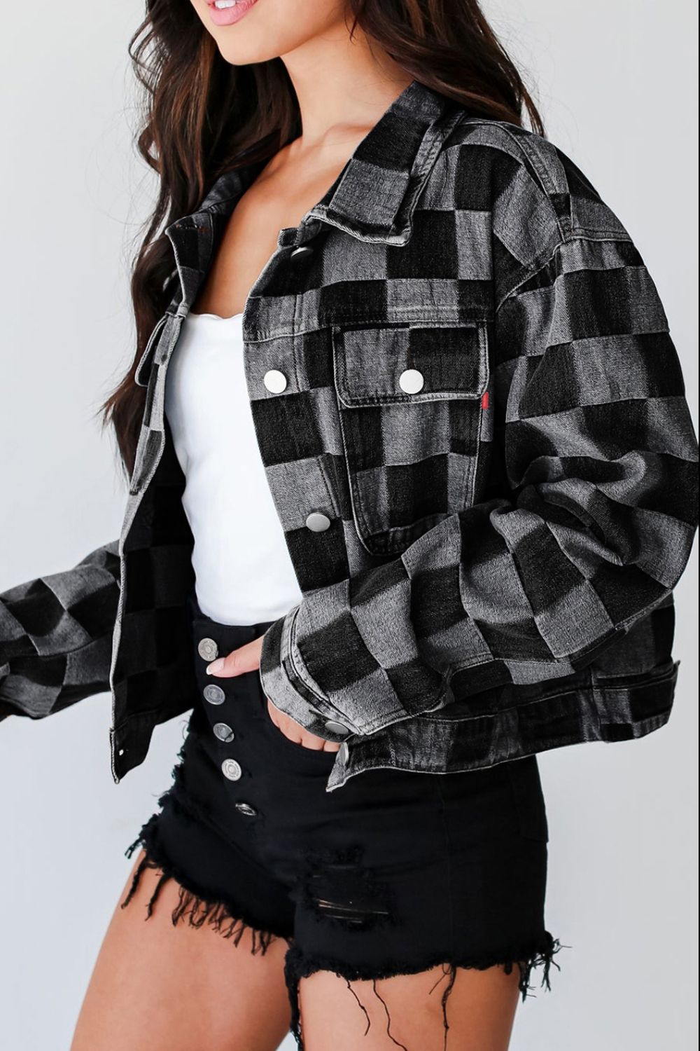 Checkered Button Up Denim Jacket - Little Miss Vanilla