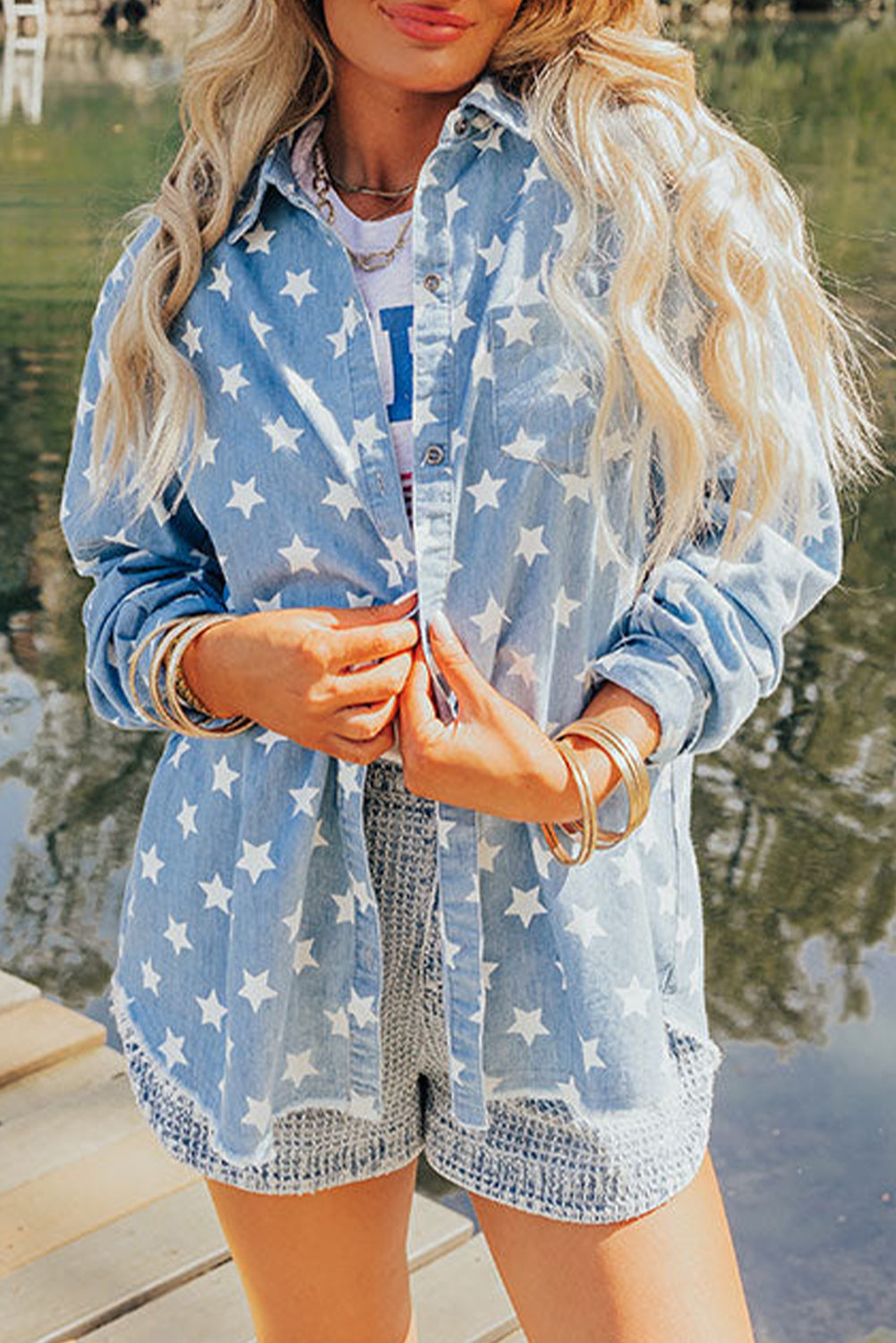 Sky Blue Star Print Light Wash Raw Hem Denim Jacket - Little Miss Vanilla