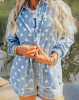 Sky Blue Star Print Light Wash Raw Hem Denim Jacket - Little Miss Vanilla