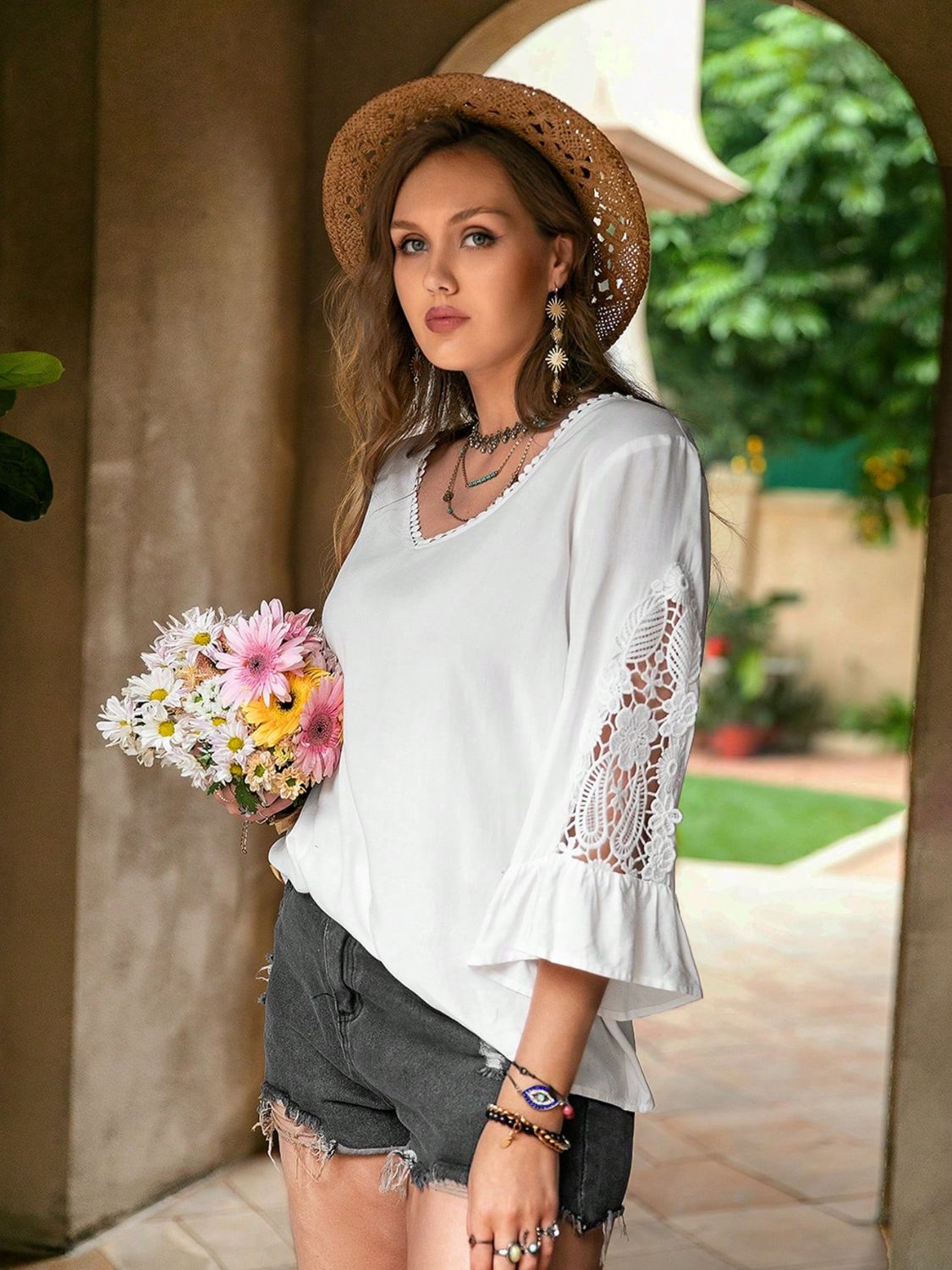 Plus Size Lace Detail V-Neck Three-Quarter Sleeve Blouse - Little Miss Vanilla