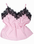 Pink silk satin camisole with black lace detailing, perfect for summer sleepwear and home wear.