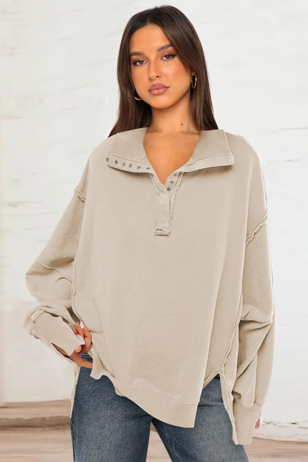 Exposed Seam Side Slit Long Sleeve Sweatshirt - Little Miss Vanilla