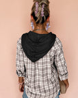 Black Checkered Print Loose Fit Buttoned Hooded Shacket