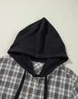 Black Checkered Print Loose Fit Buttoned Hooded Shacket