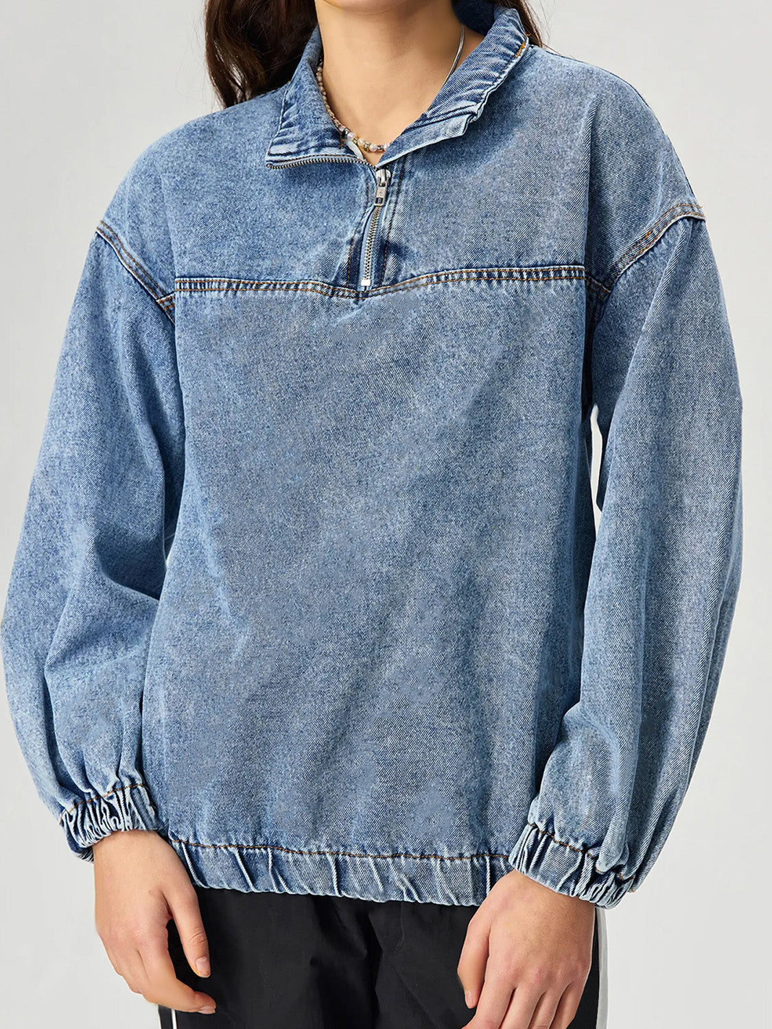 Quarter Zip Collared Neck Denim Top - Little Miss Vanilla