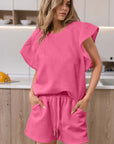 Bonbon Textured Ruffled Sleeve Tee and Drawstring Shorts Set