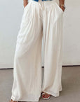 White Casual Tie Waist Pleated Wide Leg Pants