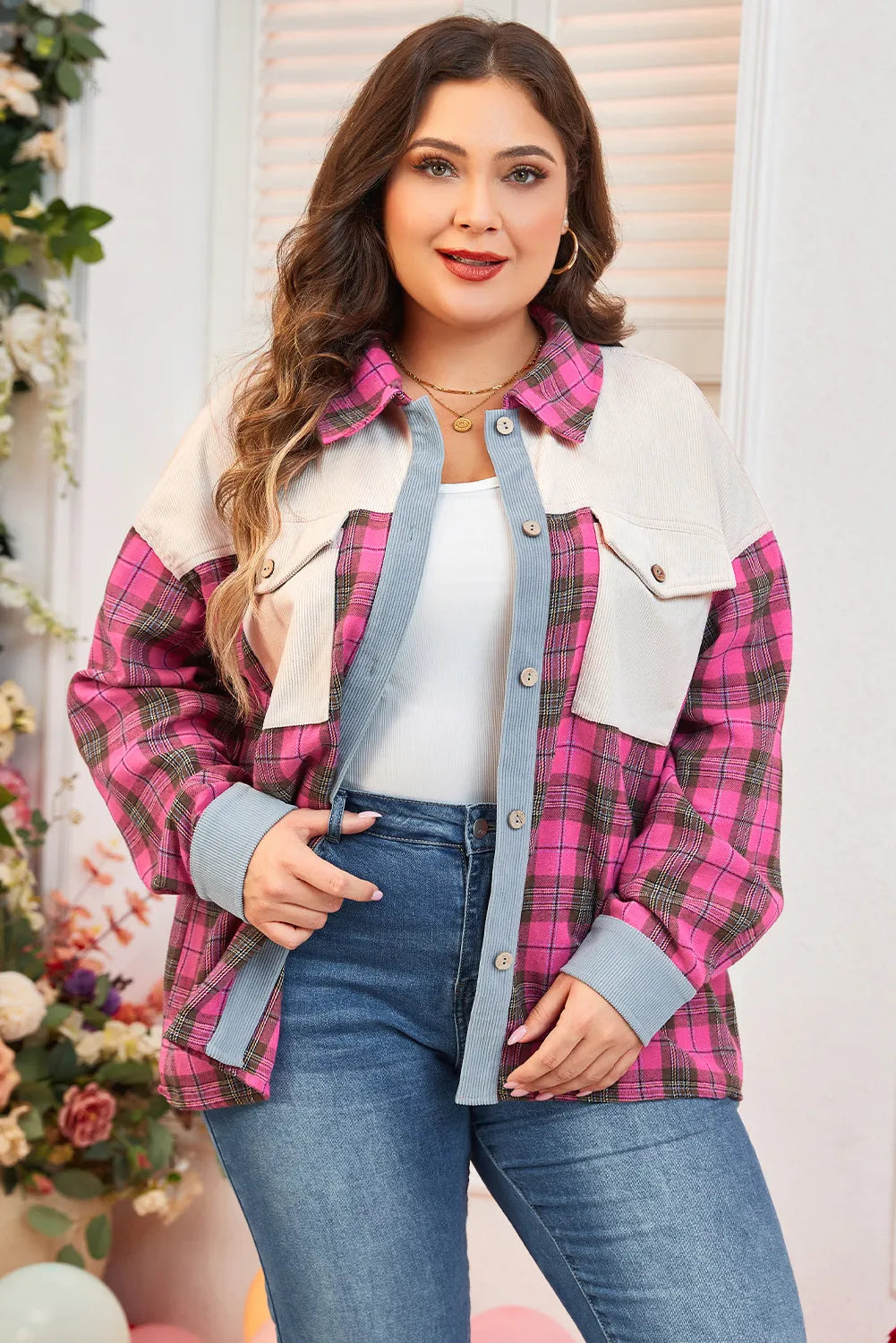 Plus Size Plaid Collared Neck Long Sleeve Shirt - Little Miss Vanilla