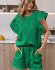 Bright Green Textured Ruffled Sleeve Tee and Drawstring Shorts Set