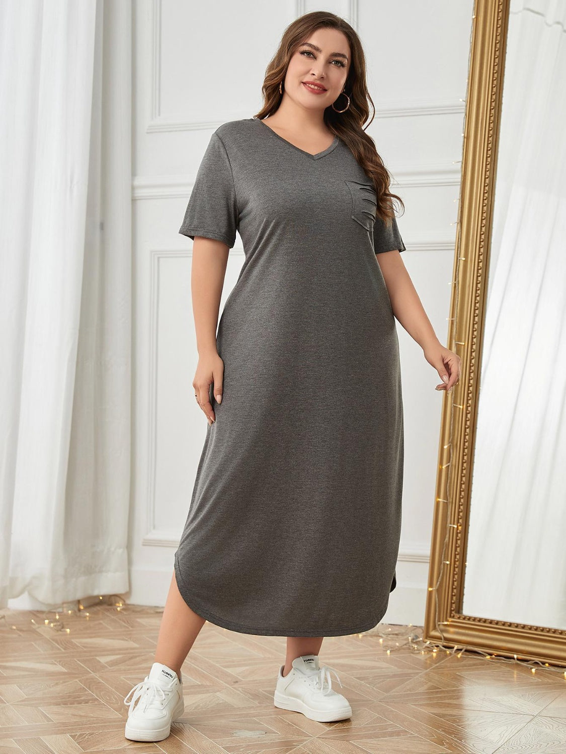 Plus Size Pocketed V-Neck Short Sleeve Lounge Dress - Little Miss Vanilla