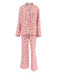 Comfortable soft cotton pajamas suit with heart prints in pink for women, featuring long sleeves and trousers.