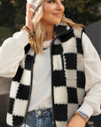 Black Checkered Sherpa Collared Jacket Vest