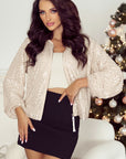 Apricot Sequin Zip up Round Neck Long Sleeve Jacket